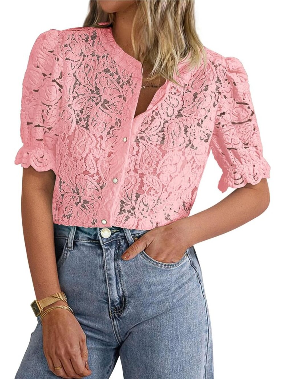 Womens Lace Tops Button Down Short Sleeve Shirts